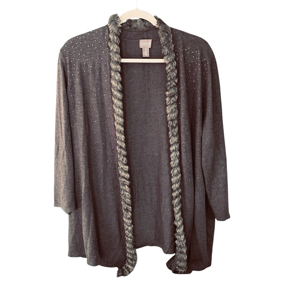 Chicos Open Knit Cardigan Asymmetric Size XL Brown Faux Fur Trim Rhinestones